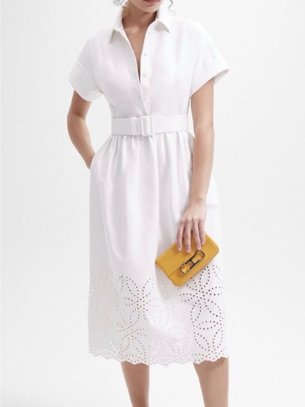 Carolina Herrera White Eyelet Belted Midi Dress
